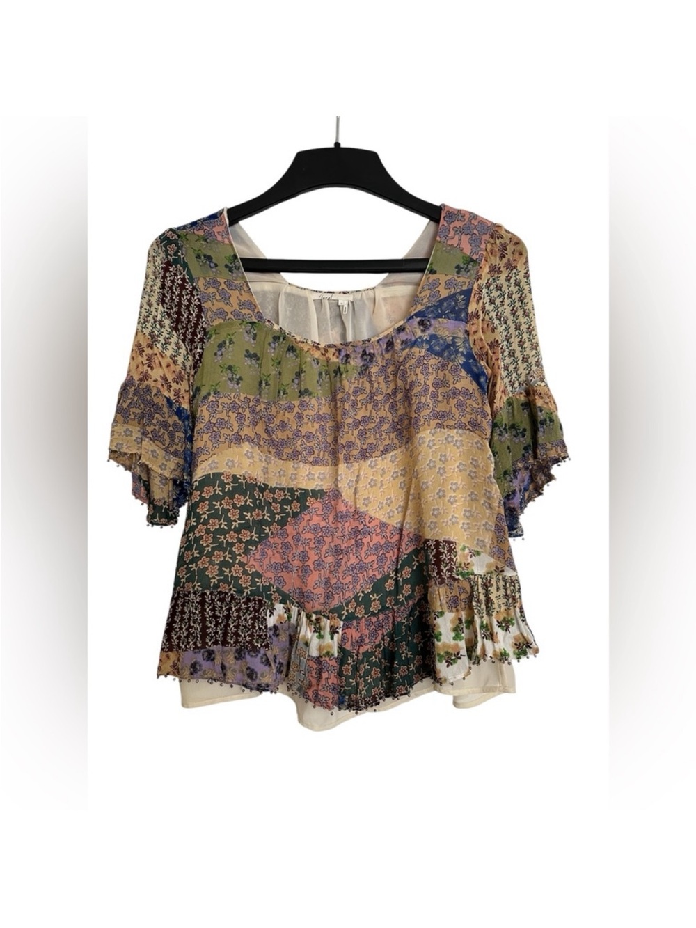 Patchwork Floral Peasant Blouse in Green, Pink & Cream